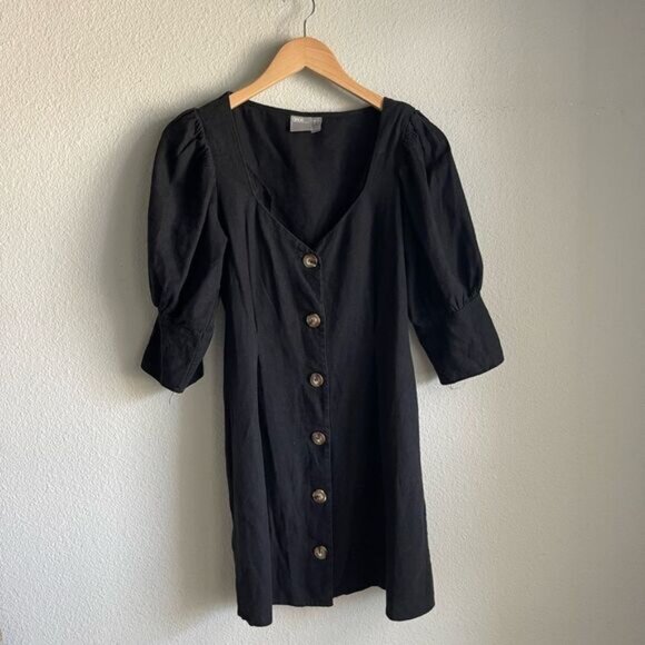 ASOS Linen Blend Sweetheart Neck Button Through Mini Dress in Black - Picture 1 of 11
